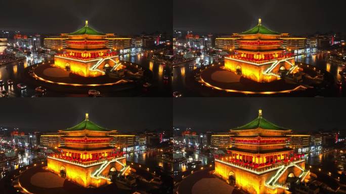 航拍陕西省西安钟楼古代建筑繁华夜景