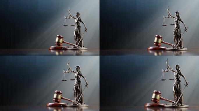 法律概念:忒弥斯是正义女神，法官的锤子是法律和秩序的象征，以书籍为背景