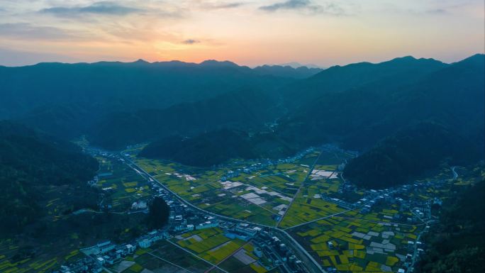 镇巴黎坝油菜花日出航拍延时