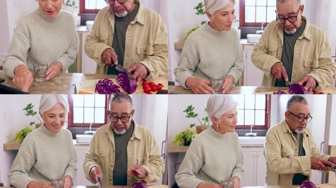 做饭，支持或老夫妇与平板或食品一起健康饮食在家里退休。学识渊博、跨种族或快乐的高级女性在厨房里和一个