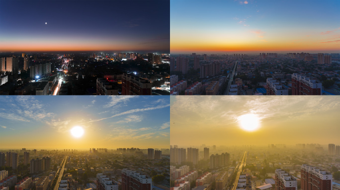 城市日出夜转日延时摄影三段合集蓝天黄金色