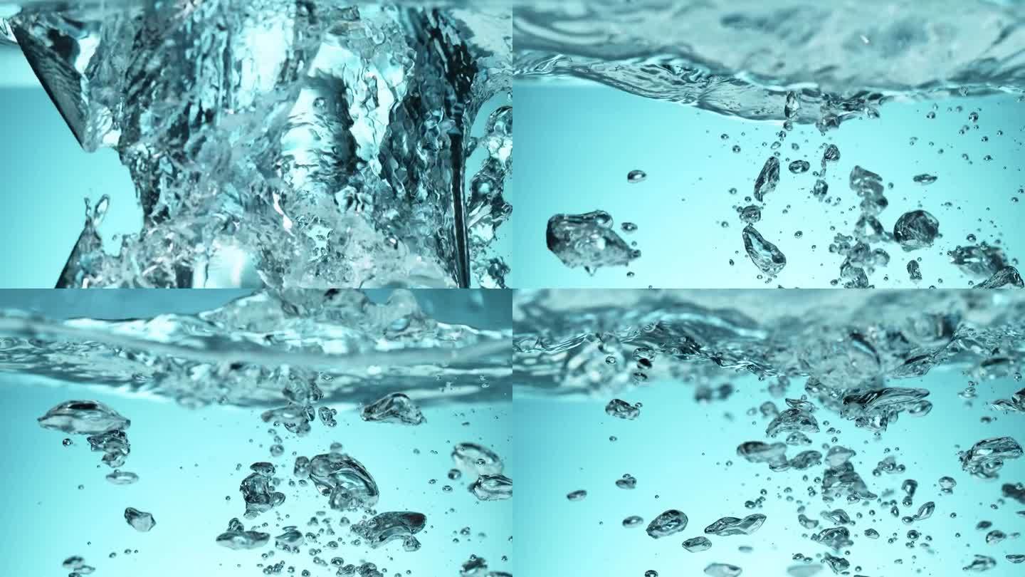 冰块落入水中的超级慢动作。