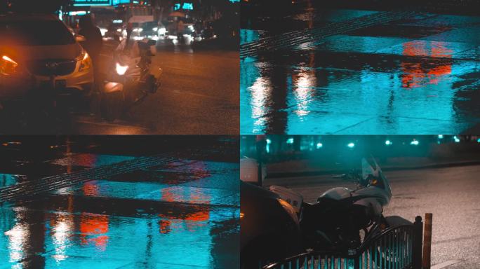 雨夜交通事故警灯闪烁地面反射