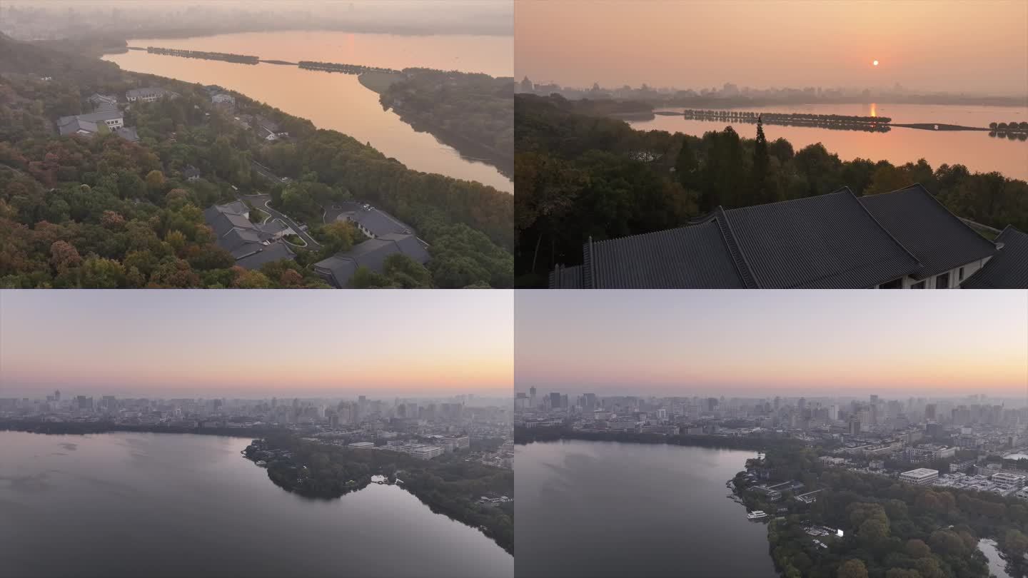 西湖日出包含大华饭店与西湖山庄断桥