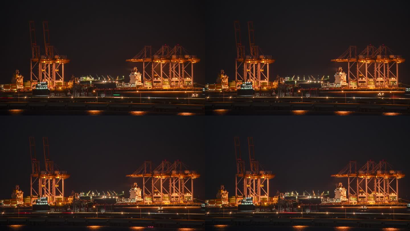 延时物流运输码头船在黄昏的天空夜晚工程起重机仓库在物流出口终端控制。仓库货运集装箱堆场码头边港口物流