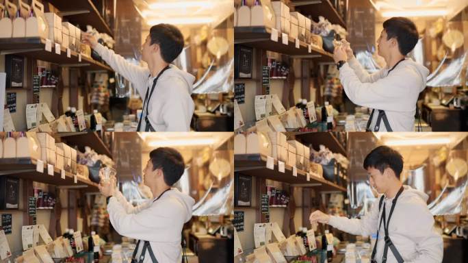 欢快的男游客在日本一家咖啡爱好者的咖啡馆里购买咖啡用品。