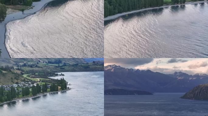 航拍新西兰瓦纳卡湖湖面风光