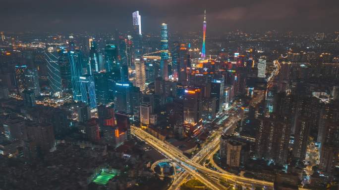 广州珠江新城城市航拍夜景延时摄影