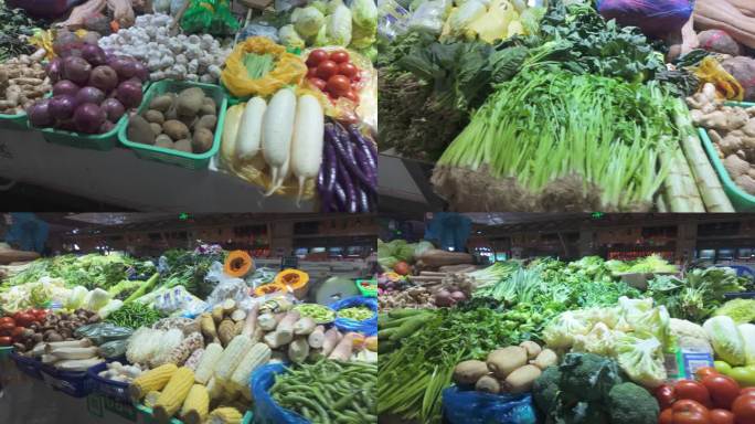 农贸市场里出售蔬菜的摊位