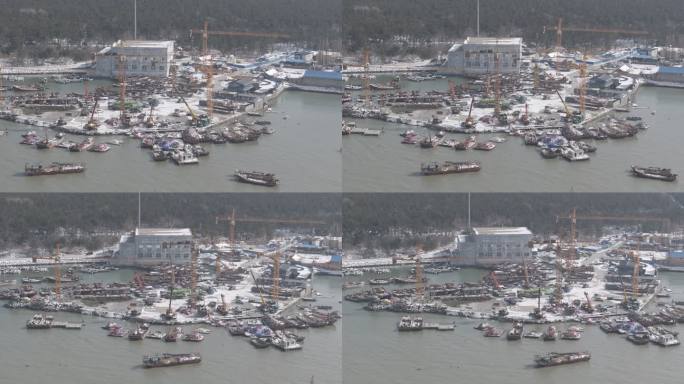 航拍俯瞰威海双岛湾养殖渔船停泊作业码头