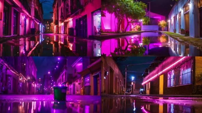 下过雨后的夜晚霓虹小巷视频素材