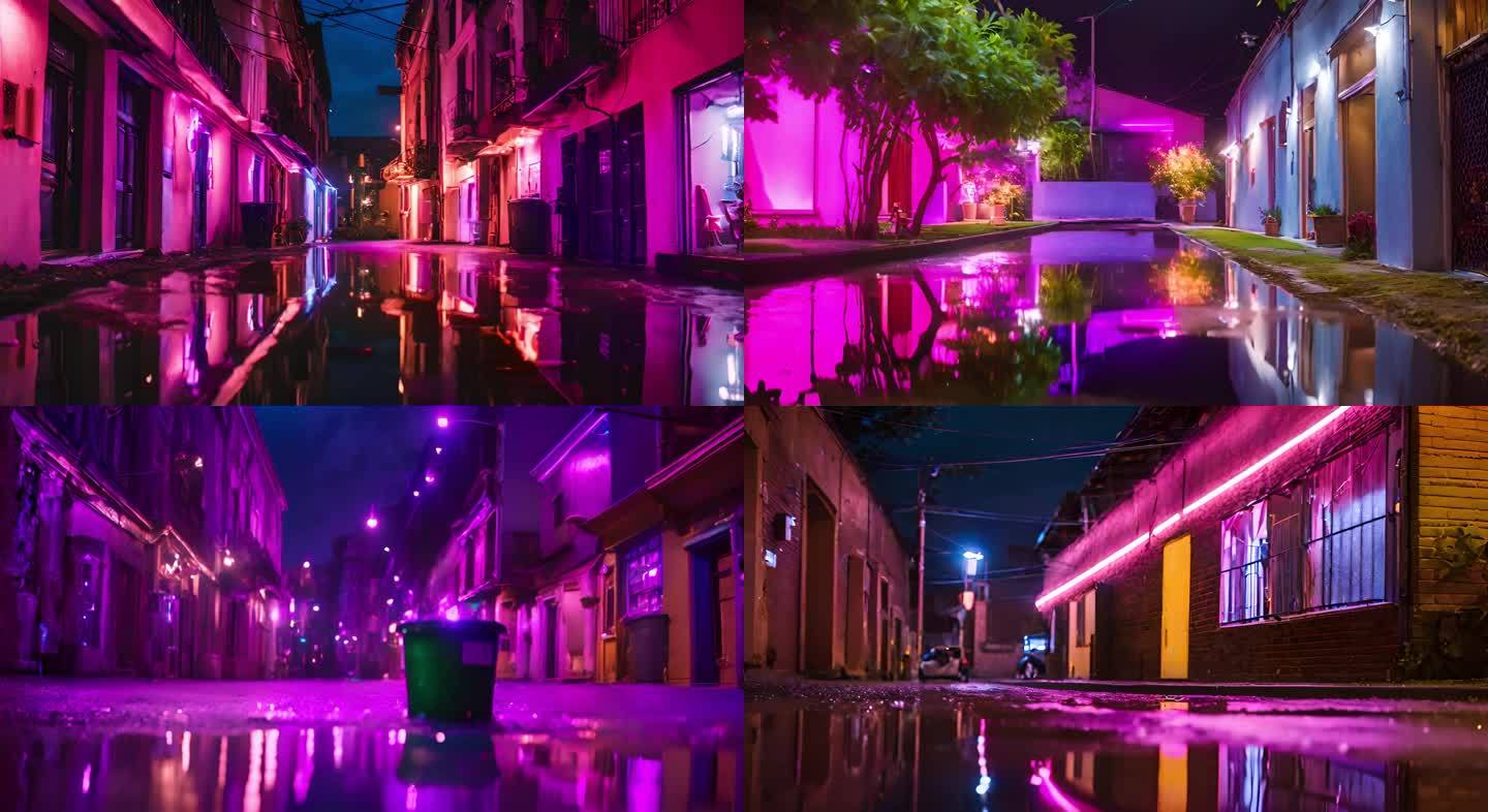 下过雨后的夜晚霓虹小巷视频素材