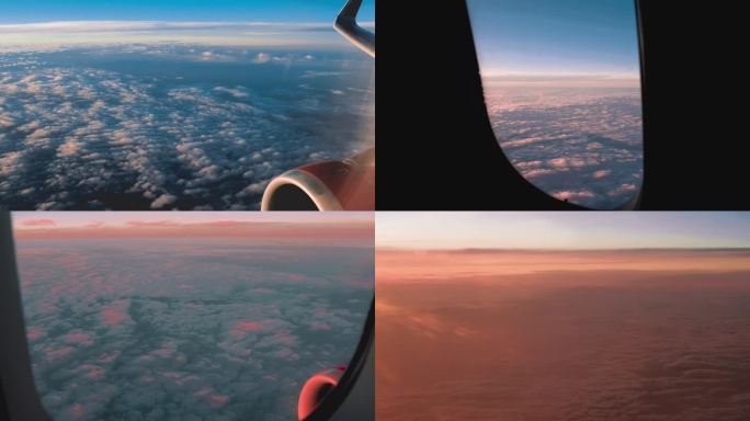 飞机窗外落日时分夕阳下的云海红色晚霞