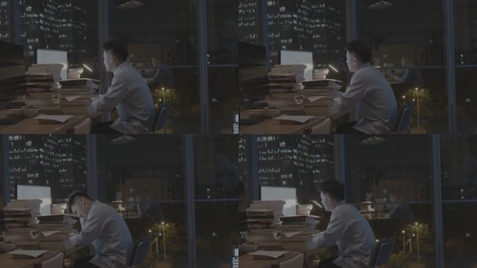 上班族资料多堆积如山加班熬夜烦恼程序员