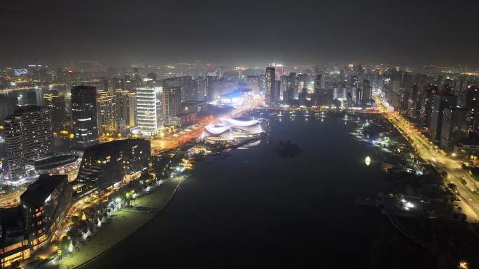 下沙金沙湖城市延时夜景 希尔顿酒店 龙湖