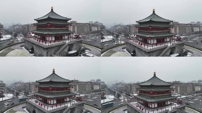 中国陕西省西安市正在下雪的西安钟楼雪景