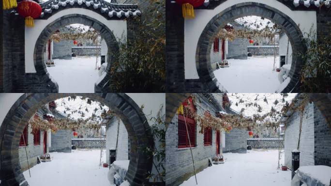 雪中传统建筑园林庭院拱门中国风