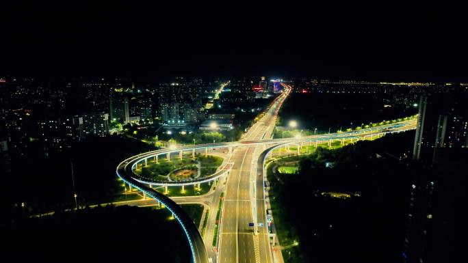 山东潍坊城市高架桥夜景交通航拍