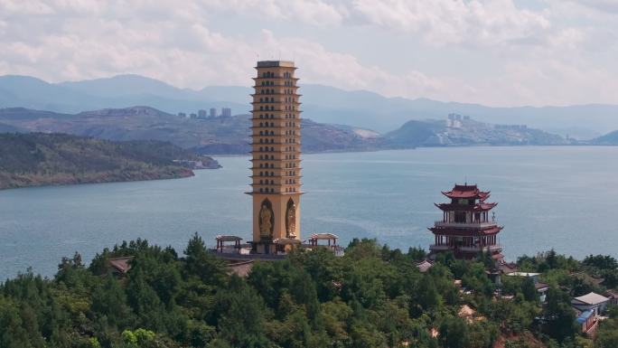 云南大理洱海罗荃半岛风景区罗荃塔航拍