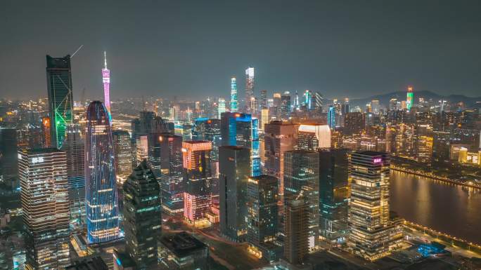 广州琶洲城市航拍夜景延时摄影