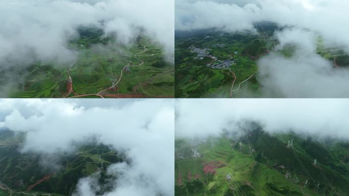 4K航拍穿越云层的铁塔村落