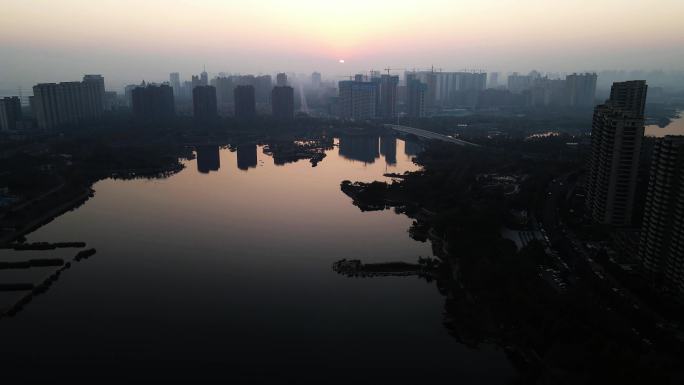 滨湖暮色高空大景航拍