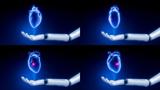 医疗技术，扫描或全息投影与机械臂或机器人和人工智能。健康问题，心脏病，x光，投影。三维渲染