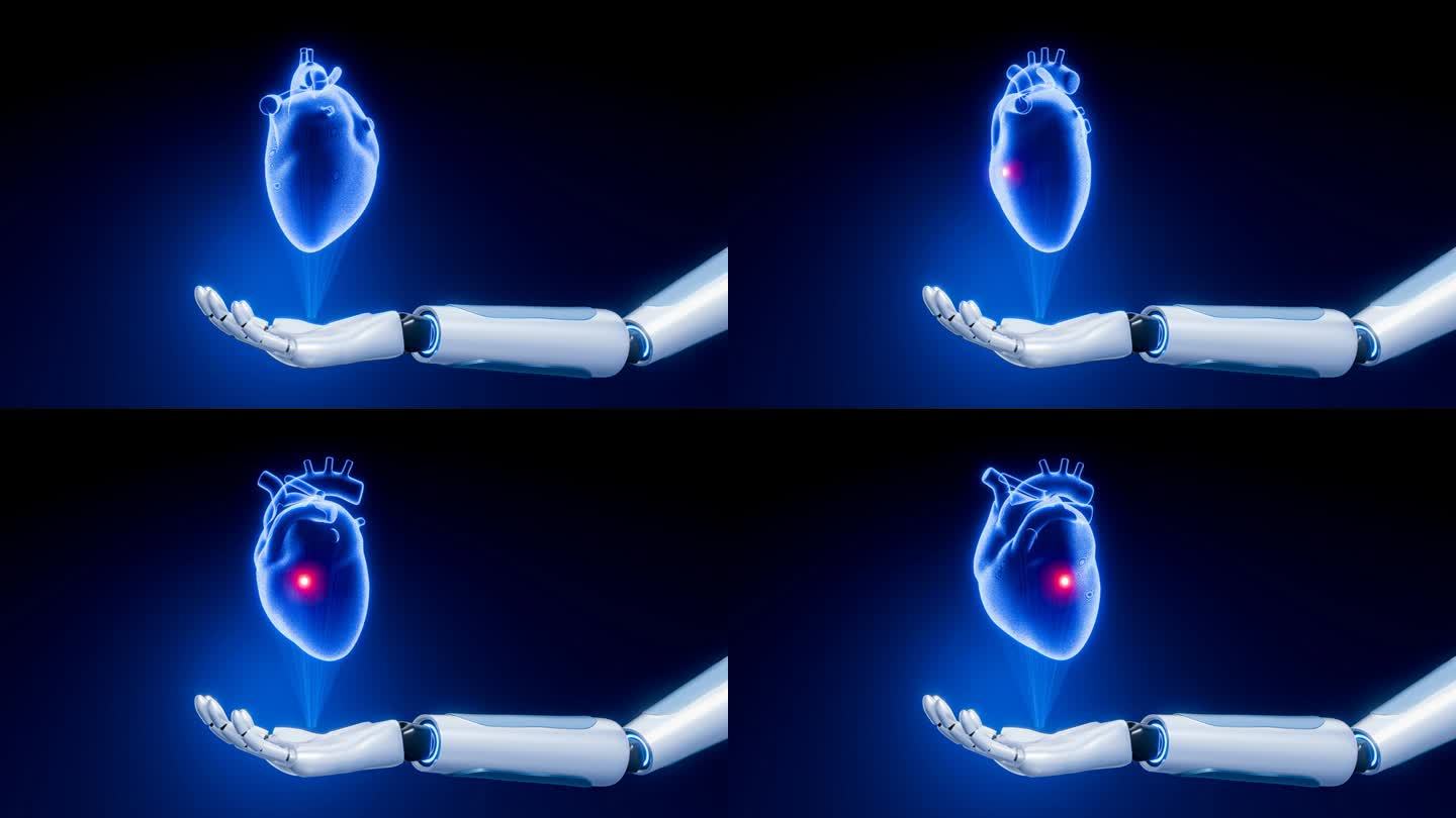 医疗技术，扫描或全息投影与机械臂或机器人和人工智能。健康问题，心脏病，x光，投影。三维渲染