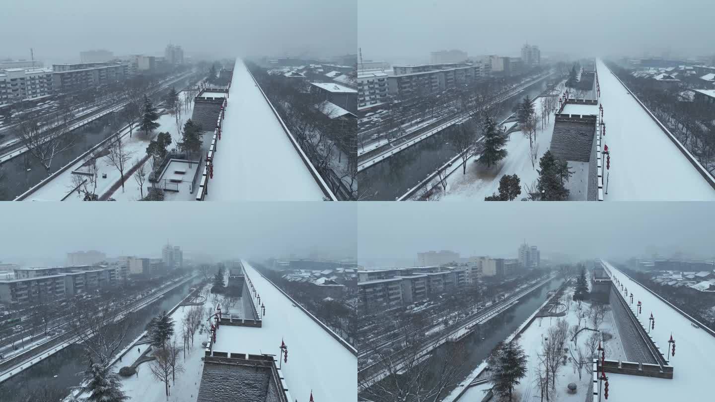 陕西省西安市正在下雪中的西安城墙城市景观
