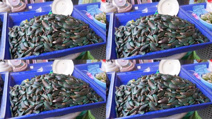 泰国食品市场的蛤蜊特写镜头