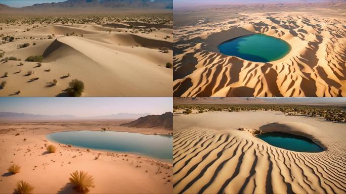不同类型沙漠中的绿洲的航拍视频