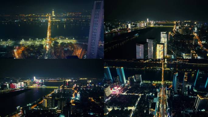 长沙湘江桥梁夜景航拍