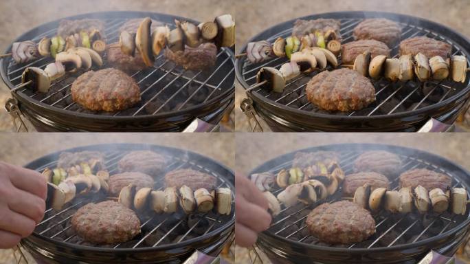 肉排是用蘑菇串烤的。烧烤是周末野餐的好选择。