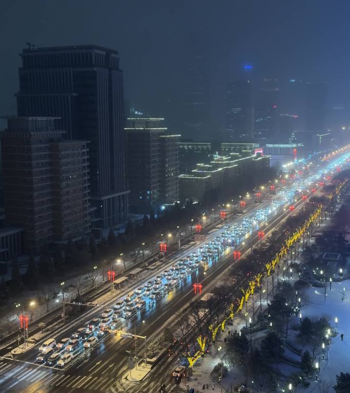 北京长安街夜景雪景车流高层拍摄
