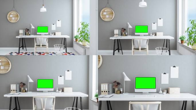 绿色屏幕显示器在斯堪的纳维亚风格的现代家庭办公室