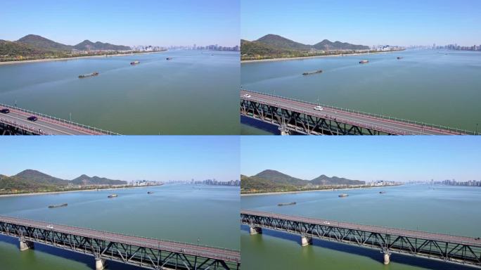 杭州钱塘江货船一桥大全景