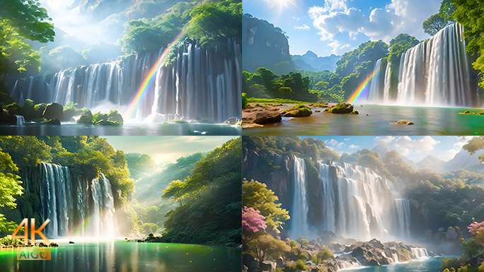 唯美瀑布与彩虹动画场景 波澜壮阔的大瀑布