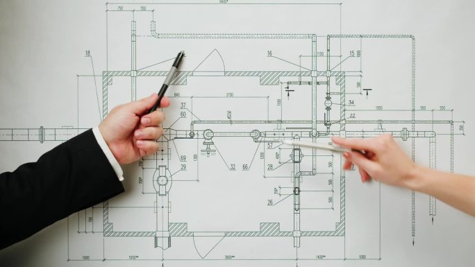 建筑师与计划蓝图的特写。专业工程师讨论方案，设计师制作建筑房屋方案，建筑制图。