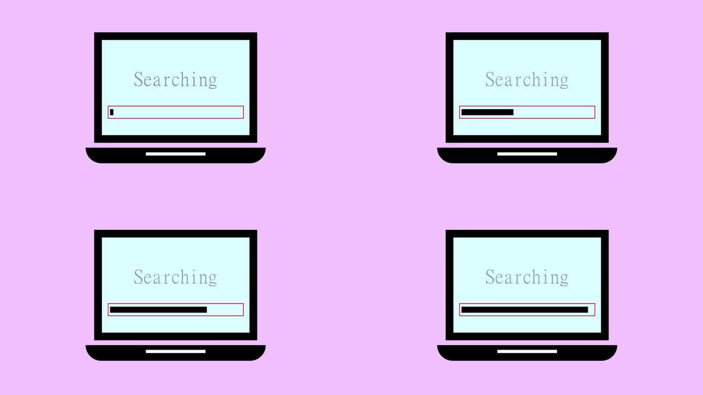 笔记本电脑与搜索在屏幕上的进度条动画在粉红色的背景。