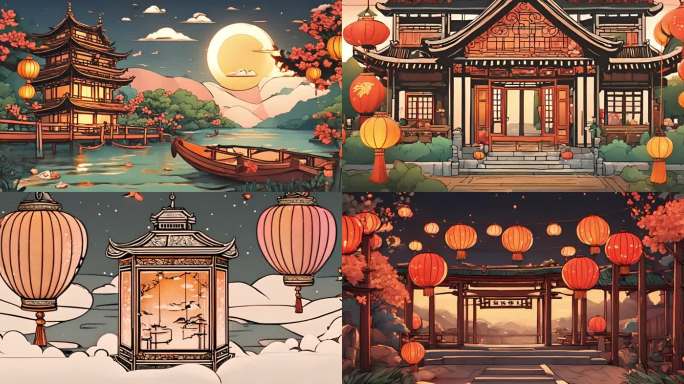 中式动漫风格卡通建筑视