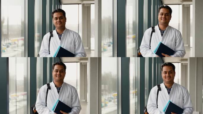 印度实习生走在医科大学的走廊里