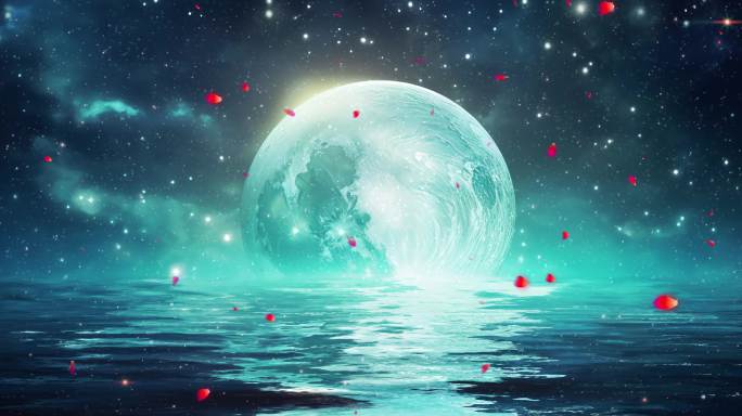 8K 中秋节海上月亮圆月浪漫星空满月月光
