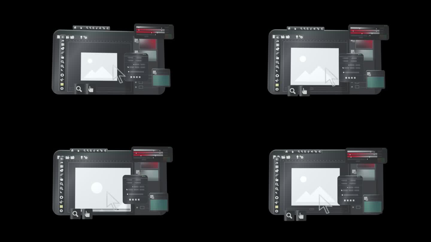 图像编辑设计工具界面应用程序，用于编辑图片与各种窗口，设置图层，颜色校正，工具栏，对黑色背景