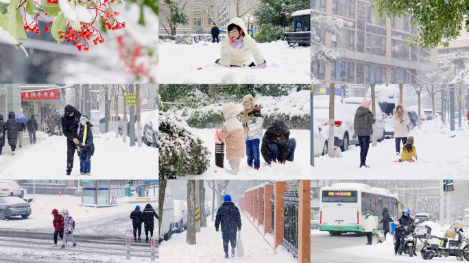 雪天城市街道雪天行走背影玩雪人文生活工作