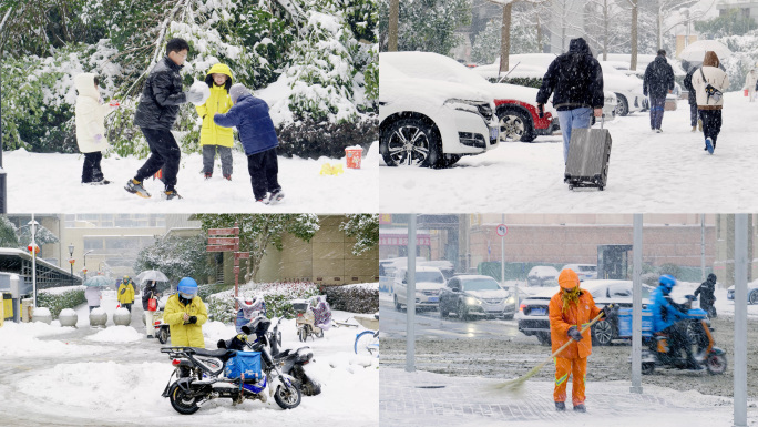 雪天城市街道雪天行走背影玩雪人文生活工作