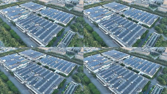 太阳能厂房航拍工厂屋顶光伏发电新能源工厂