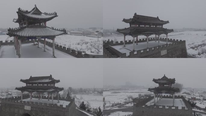 航拍山东荣成成山卫武宁门北门城楼龙年雪景