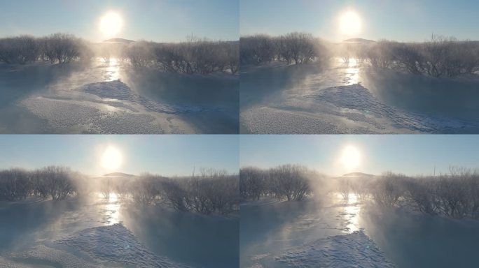 航拍冬季乌兰布统暖水河冰面日出蒸汽缭绕