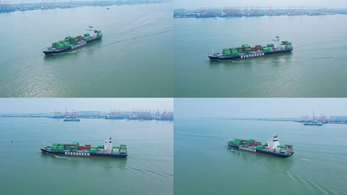 广州南沙港航拍集装箱船4k