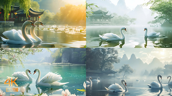 唯美白天鹅池塘优雅倒影 生态和谐动画展示